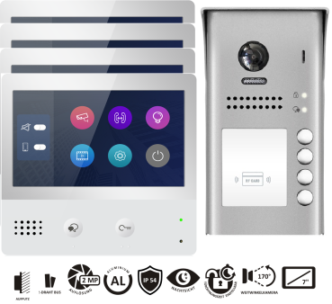 Preview: Videotürsprechanlage ZD471 Touchscreen 4 Familien mit DT607/ID/FE-S4 Aufputz RFID 170° Fischaugenkamera Aluminium